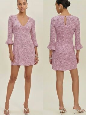 Reformation Lyssa Women’s Pink Floral V-Neck Bell Sleeve Mini Dress Size 12 NEW
